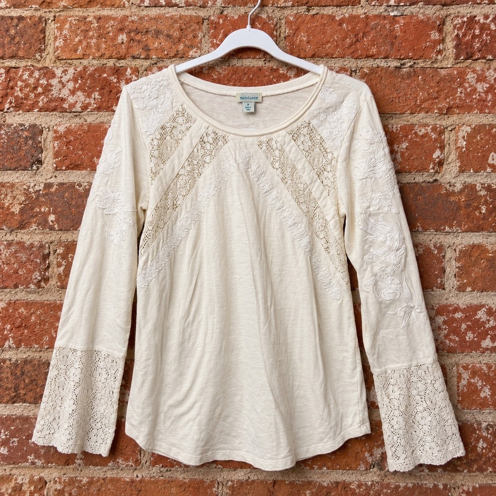 Sundance Lace Embroidered White Long Sleeve Boho M Cottagecore Slub Knit Costal